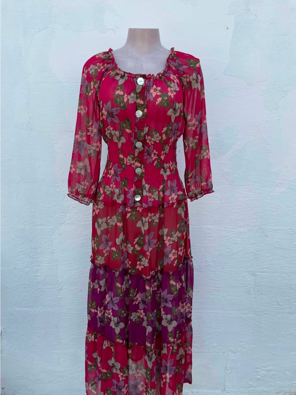 Figueroa & Flower Red Floral Tiered Button-Front Women's Dress